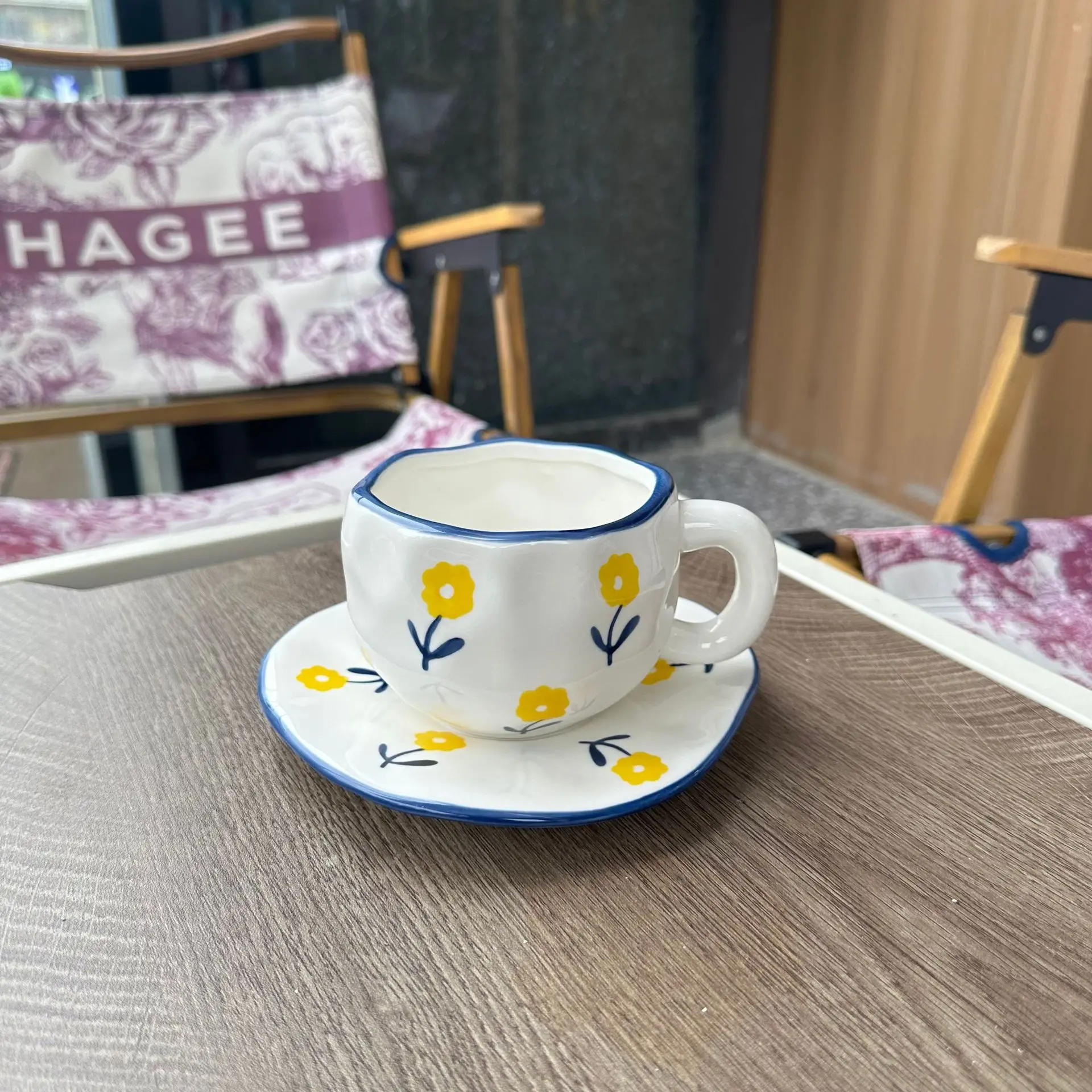 300ML Hand Painted Coffee Mug with Saucer Ceramic Handmade Tea Cup Saucer Set Lovely Gift Irregular Coffee Mug