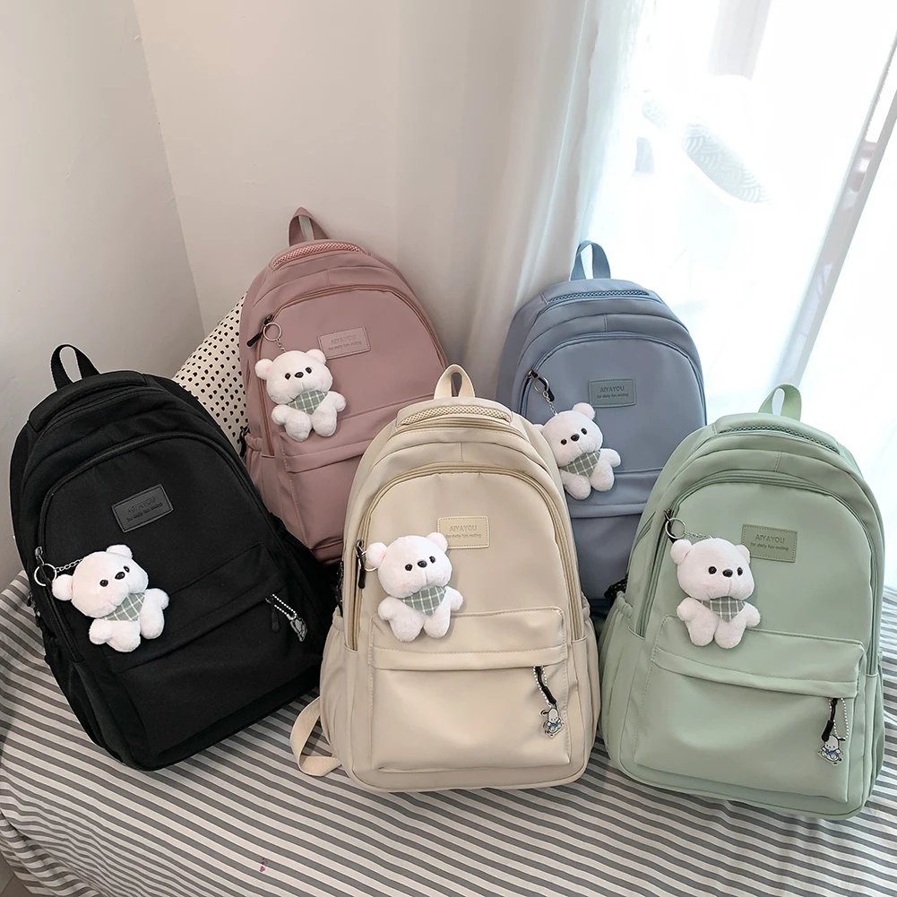 Laptop Backpack Large Capacity College Student Rucksack with Cute Pendant Simple Adjustable Strap Fashion for Teenage Girls