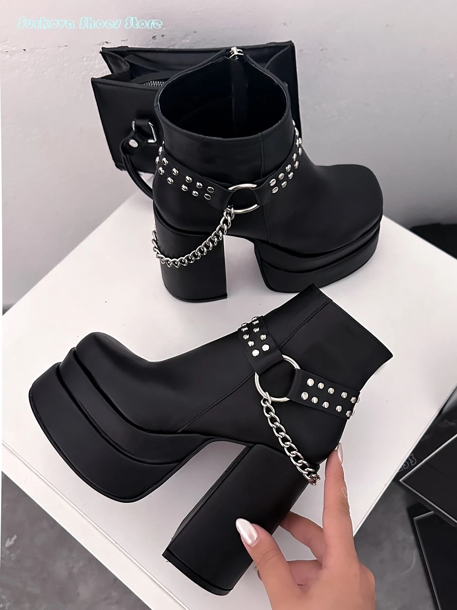 

Surkova Goth Square Toe Chunky Heel Platform Ankle Boots with Rivet Chain Fashion Spring Autumn Modern Boots Cool Women Boots