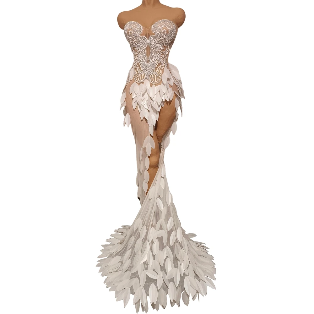 

Белое пластиковое платье с блестящими камнями в форме пера, сексуальное прозрачное платье со шлейфом на день рождения, вечернее платье для фотосессии
