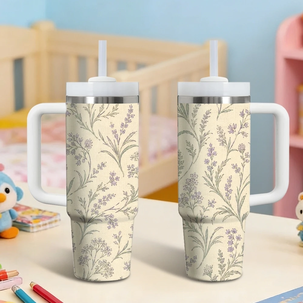 

Linen Botanical Sketch Vacuum Flasks 40oz Stainless Steel Insulated Tumbler With Handle & Straw Leakproof Travel Mug