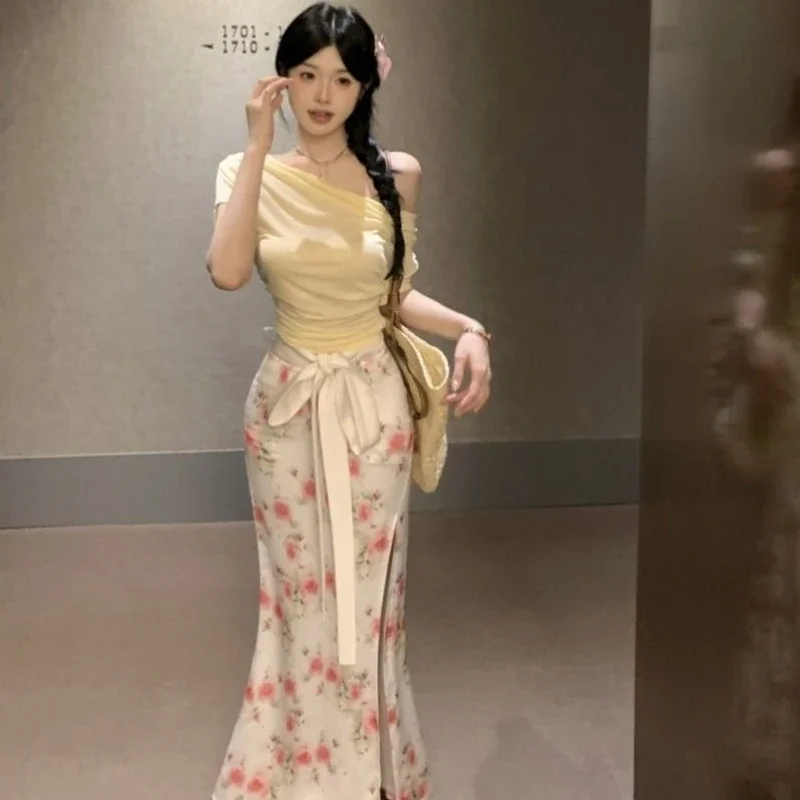 Long Women's Two Skirt Piece Set Maxi Chic and Elegant Clothing New Arrivals In The Same Vintage Luxury Designer Female Outfits