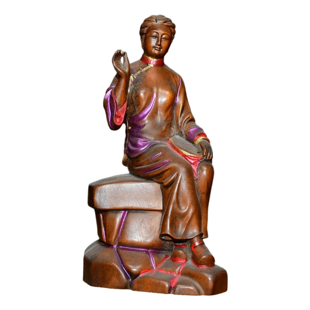 Ornements en bois sculpté Figurine en bois Sculpture chinois Oriental assis dame peint décor beauté harmonie grâce dignité sérénité