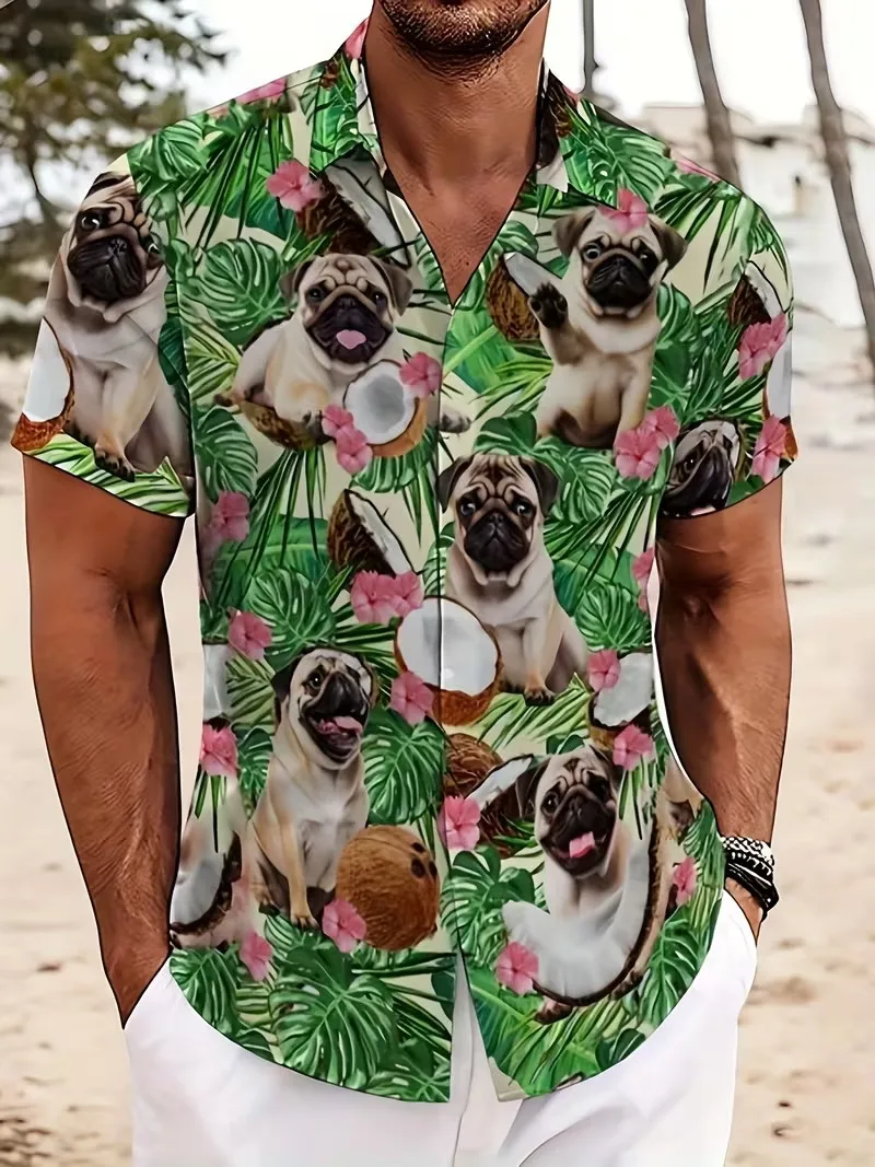 

Men's Hawaiian Shirt Funny Pug & Coconut Tropical Print Short Sleeve Button Down Aloha Shirt for Summer Beach Vacation Wear