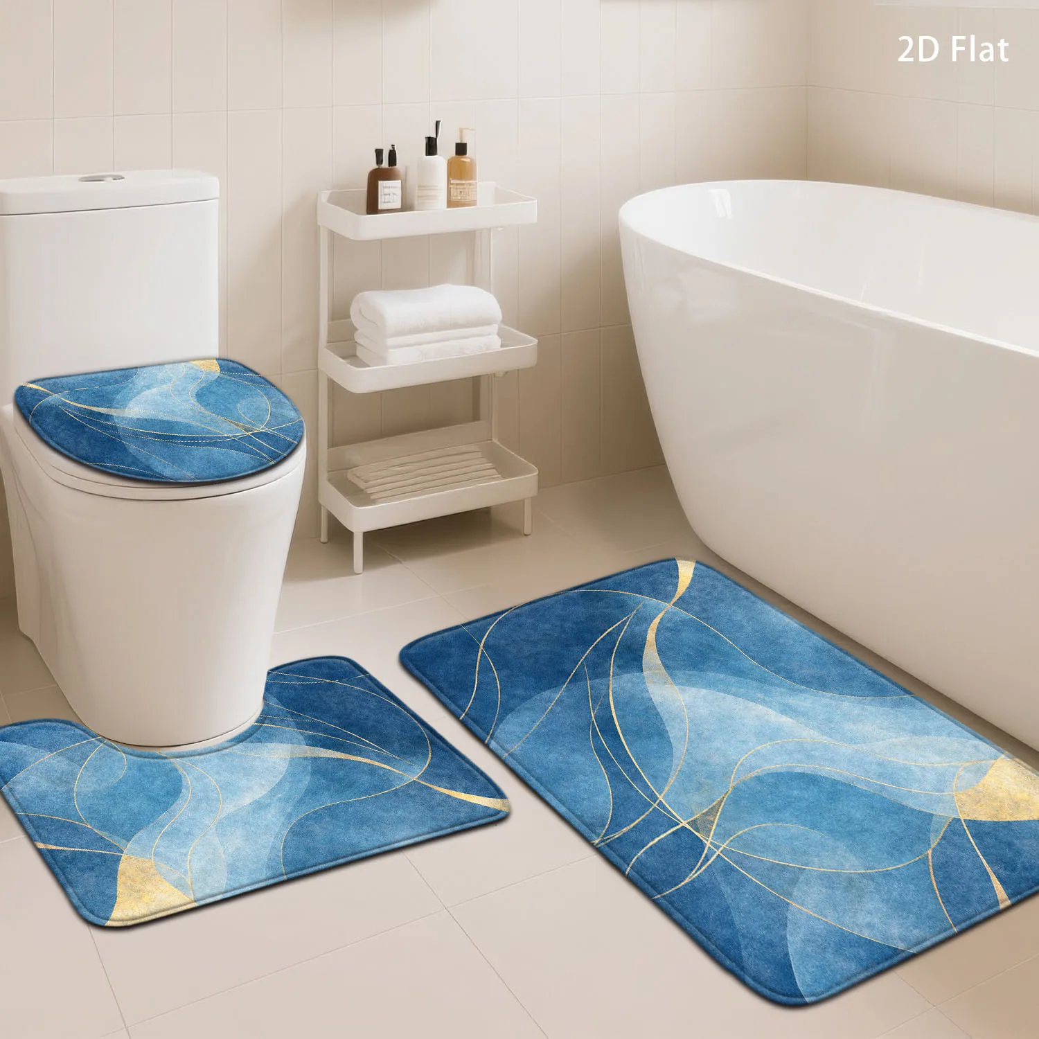 Set of 3 Blue Abstract Bathroom Bath Mat Rugs for Modern Bathroom Decor Vanity Area