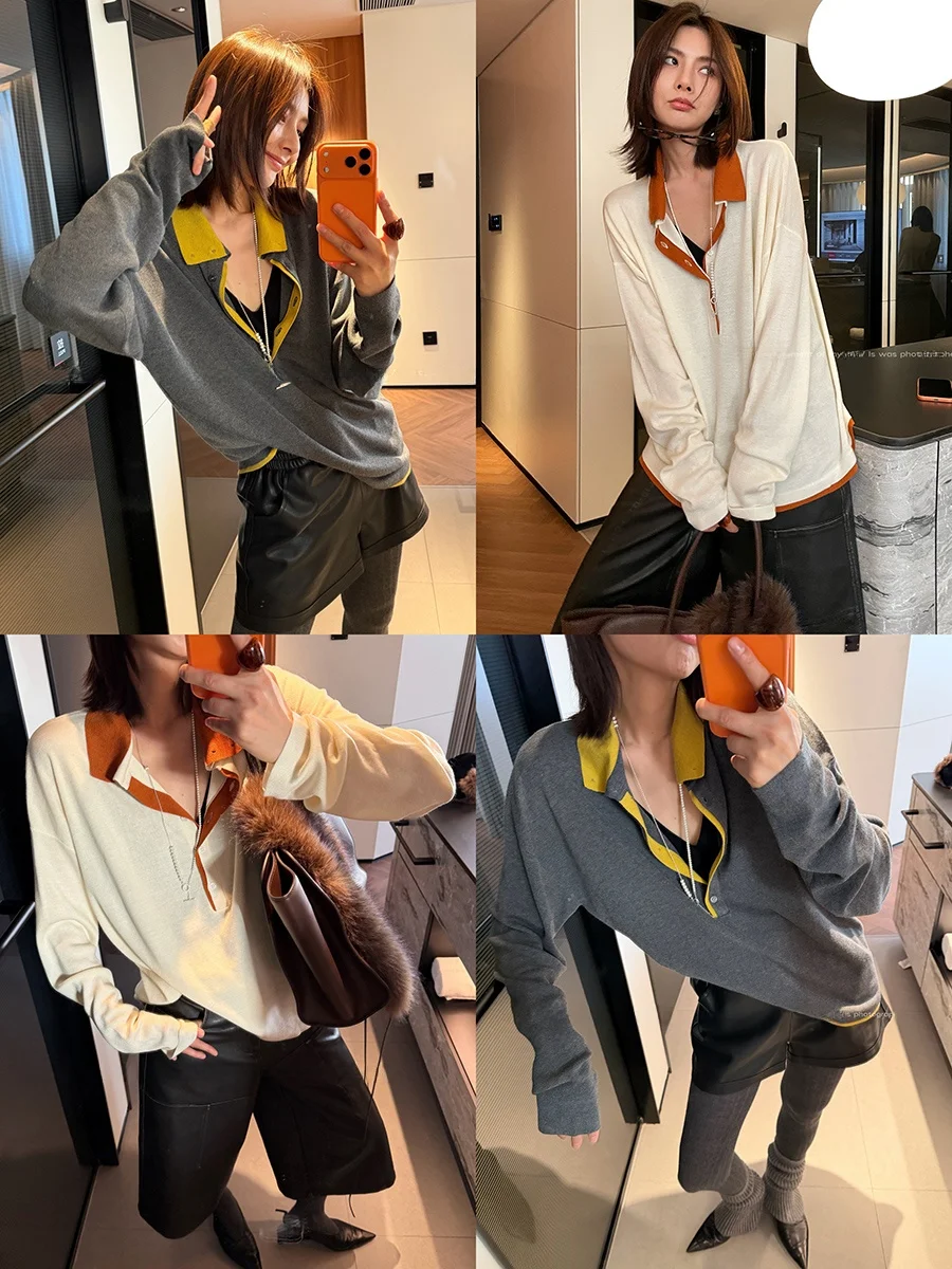 

JCCC Deconstructed Color Ptte Knitwear Two-tone Patchwork Button Versatile T-irt Top for Women Autumn Long Sve