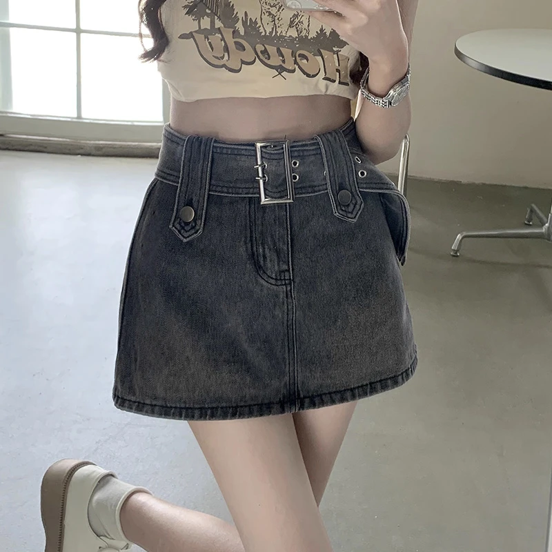 HOUZHOU rok Denim Mini wanita antik seksi pinggang tinggi sabuk A-line rok Jeans ramping kasual Y2K rok musim panas Streetwear Korea