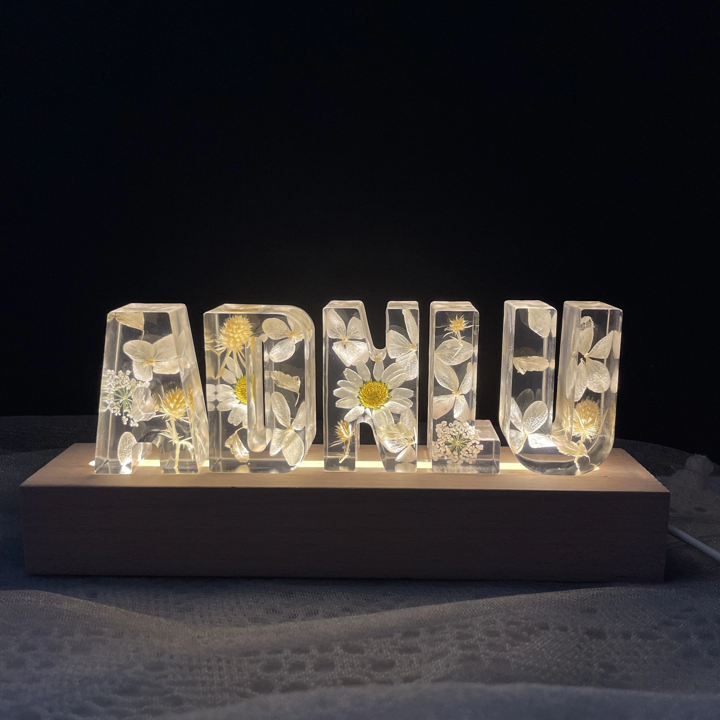 Personalized Mother's Day Gift Ideas Initial Dried Flowers Resin Alphabet Letter Name Light USB Light Emitting Diode Night Light