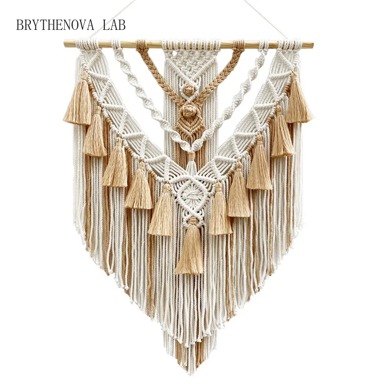 AT16 Hand-Woven Color Macrame Wall Hanging Ornament Boho Decoration Craft Gorgeous Tapestry for Livingroom Decor Khaki