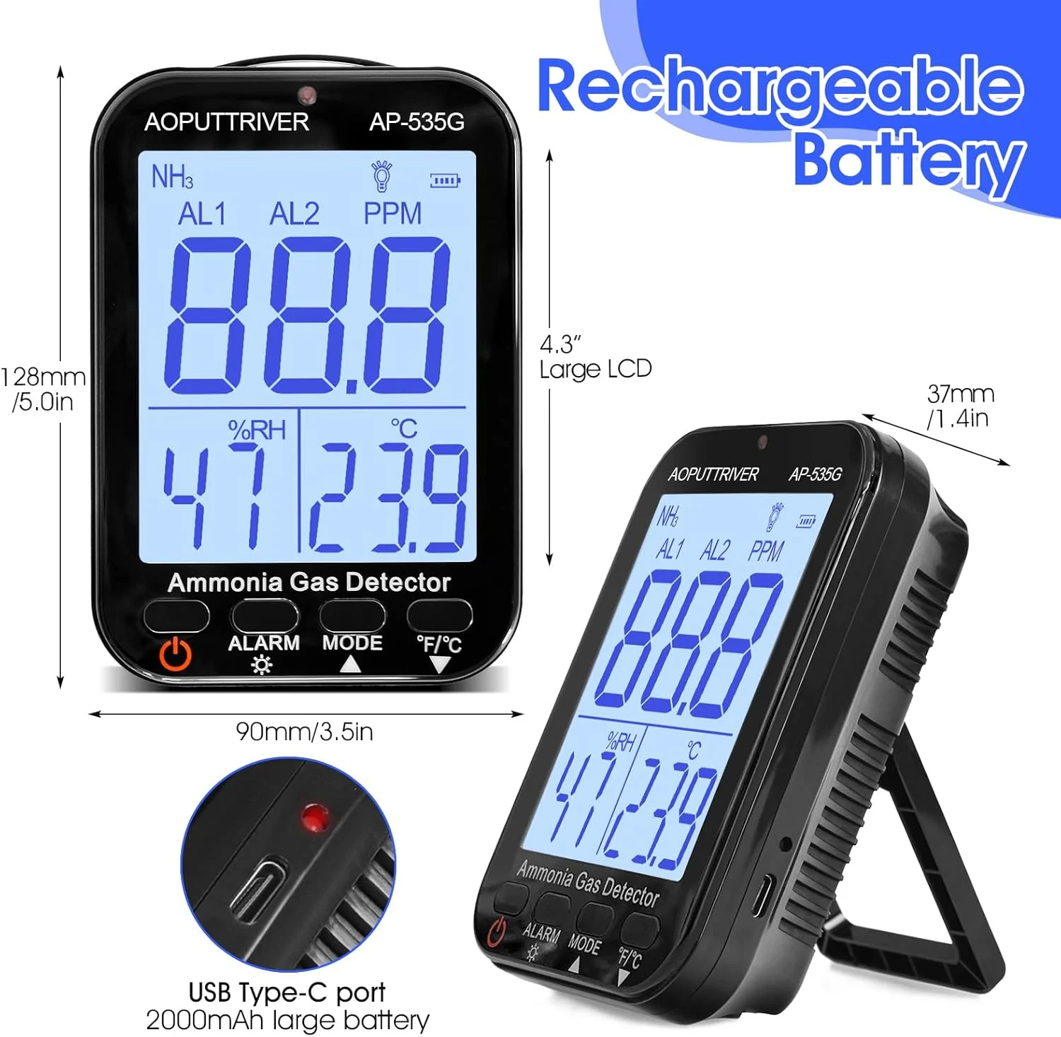 Formaldehyde & Ammonia Gas Detector 0-100ppm NH3 Monitor with Alarm, Temp & Humidity Display, Rechargeable & Backlit