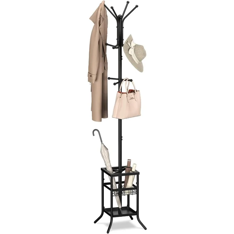 Coat Rack Freestanding, Coat Tree with Umbrella Holder, Metal Coat Rack Stand with 12 Hooks, Modern Coat Hanger Stand