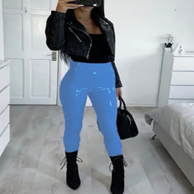 2021 Large S-XXXL New Design Women Bright Leather Sexy Leggings Red And Blue Mirror Pants Fun Casual Nightclub pearlite layer