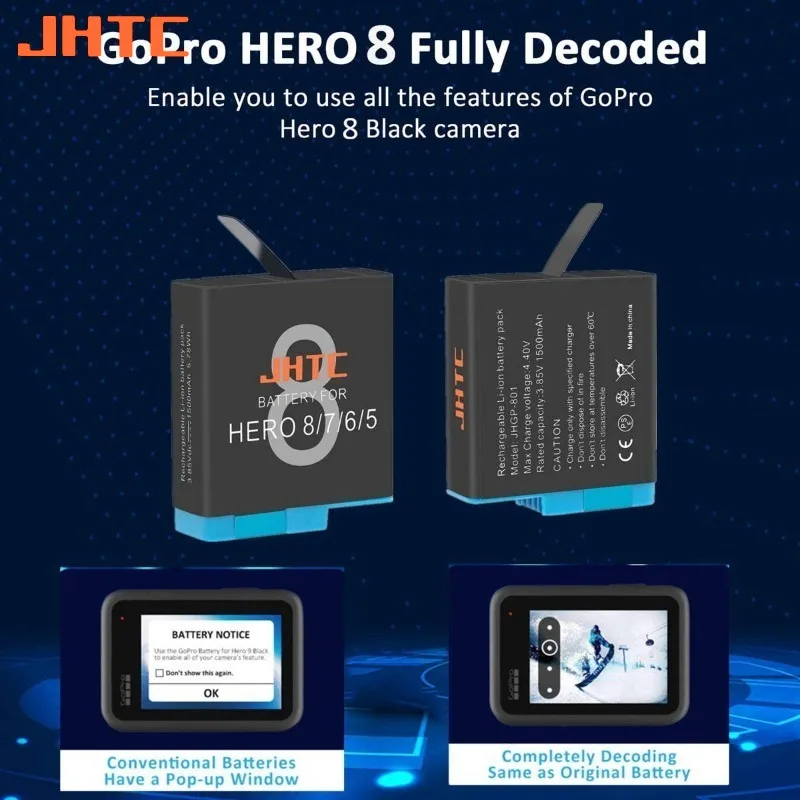 JHTC 1500mah Battery For Gopro Hero 8 Gopro Hero 7 Gopro Hero 6 Gopro Hero 5 Black Batteries Camera Accessories
