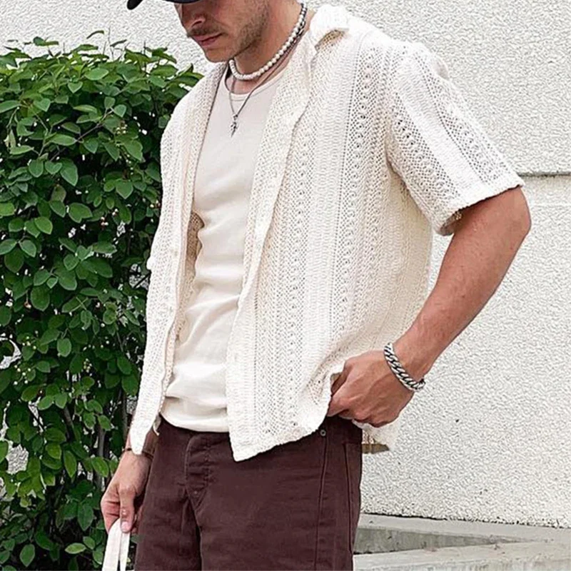 Beach Mens Hollow Out Breathable Shirts Knitted Solid Color Vintage Embroidery Knit Shirt Men Fashion Short Sleeve Button Shirts