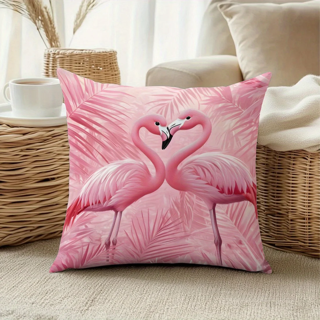 1pc Heart-shaped Flamingo Palm Leaf Themed Printed Throw Pillow Cover, Suitable for Sofa, Bedroom, Living Room