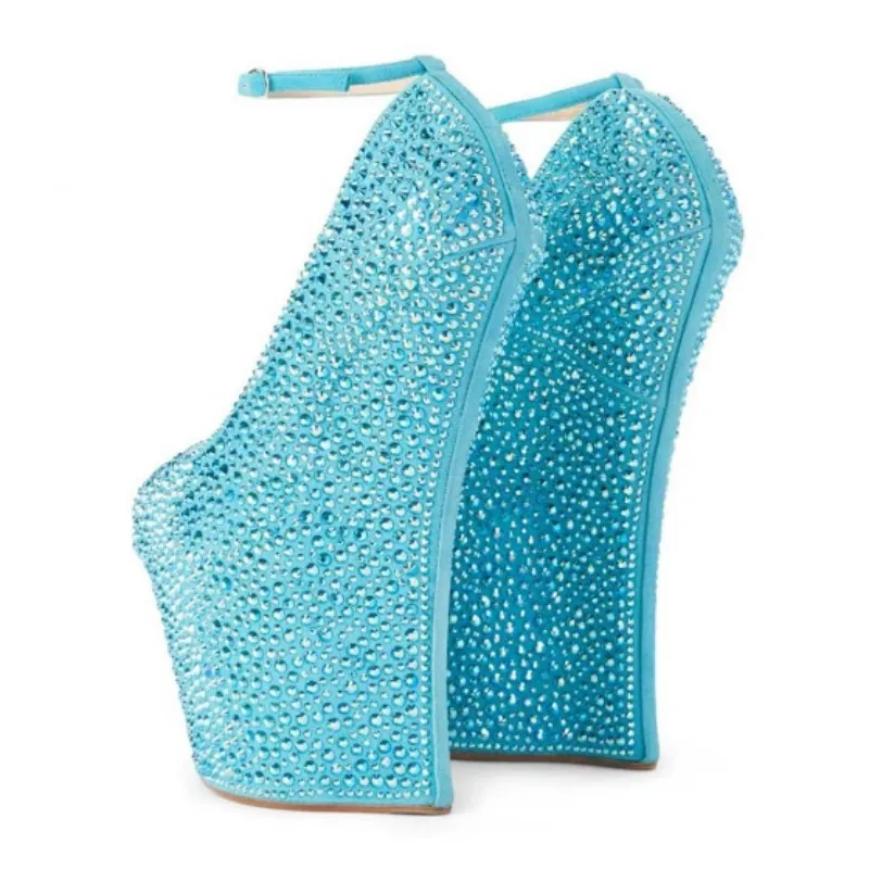 DIZHUANG Sexy women's high heels Sky blue suede high heels About 20cm heel height No heel rhinestone shoes. Fashion show banquet