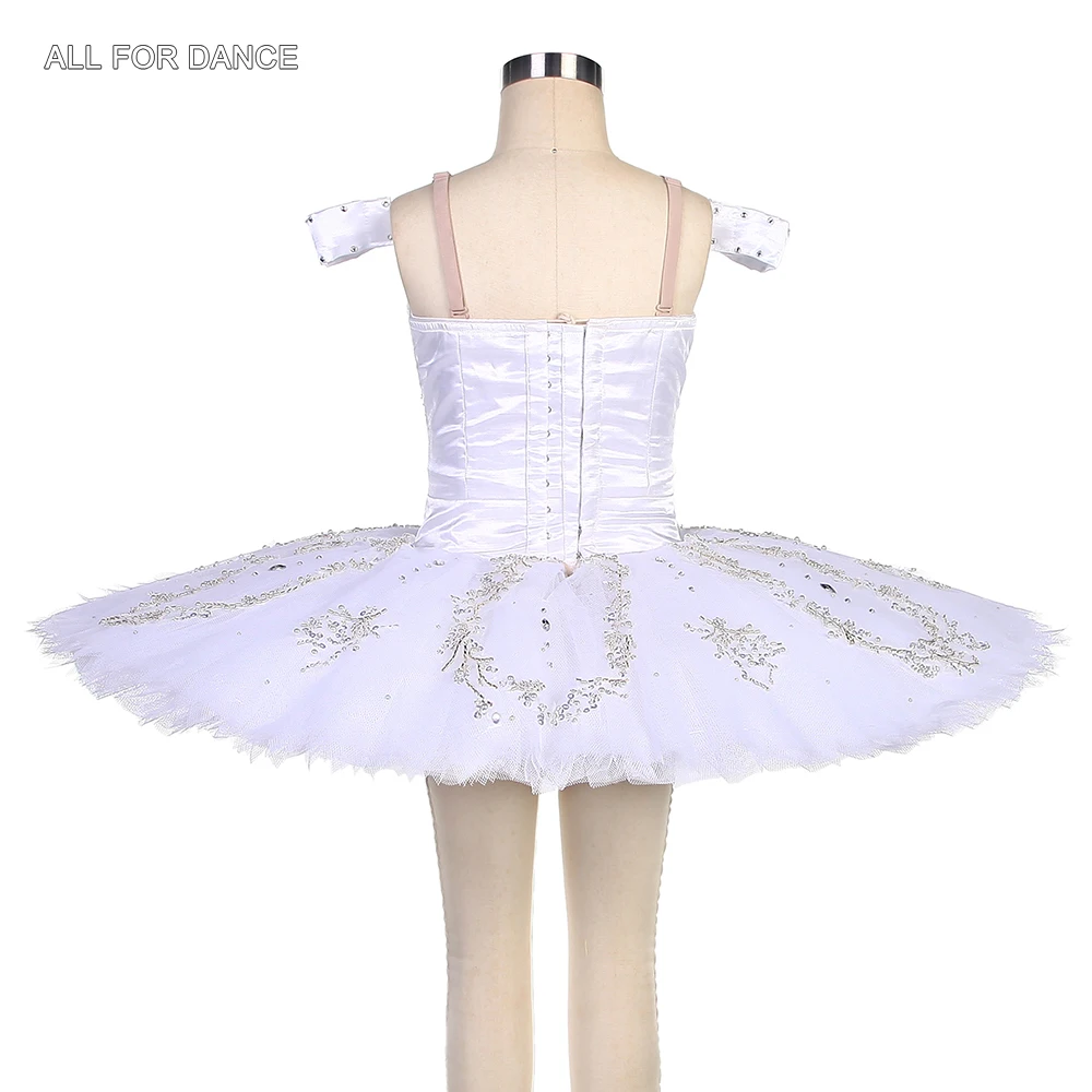 B22215 White Professional Ballet Dance Tutu with Silver Applique Pancake Tutus for Adult Girls Ballerina Solo Costume