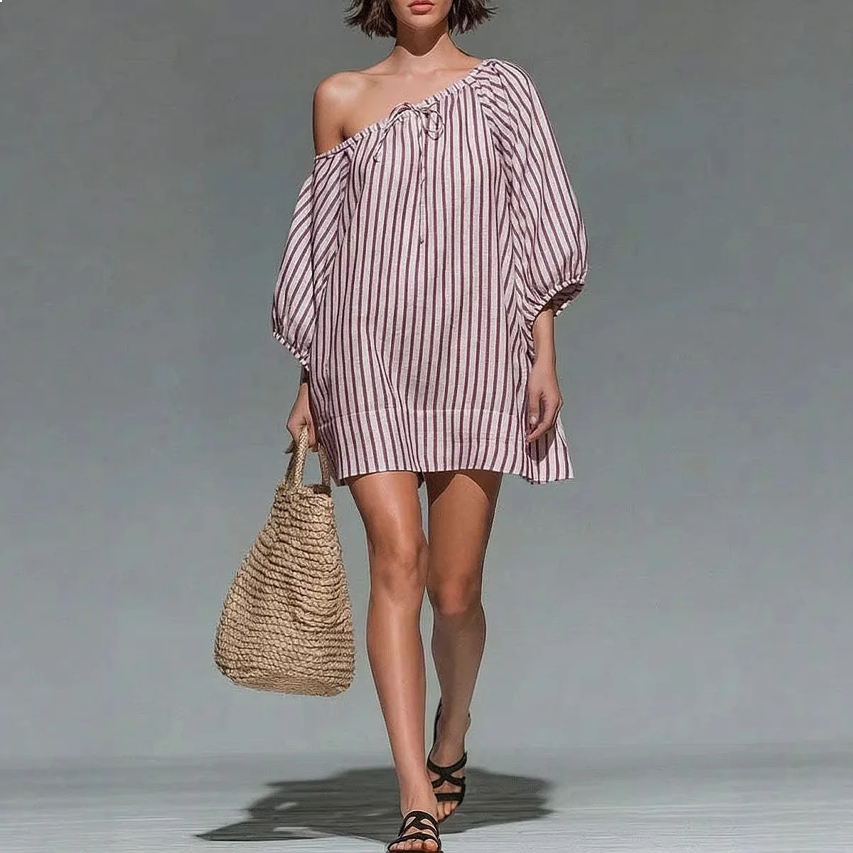 

Striped Slouchy Off Shoulder A Line Mini Dress Spring Summer Loose Casual Dresses