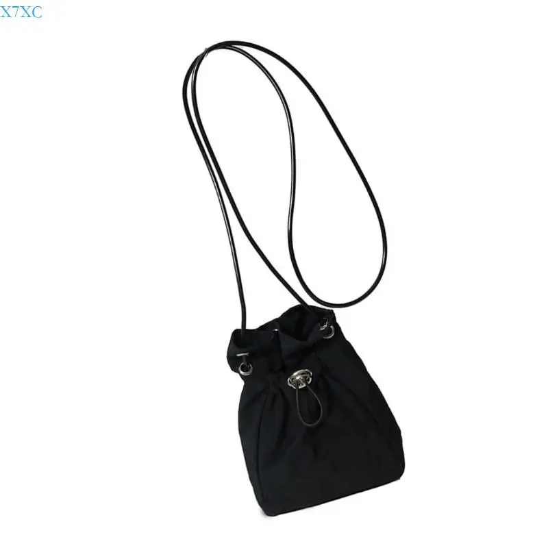 X7XC Fashionable Water Resistant Simple Shoulder Phone Bag for Men Women Solid Color Pleated Drawstring Crossbody Purse