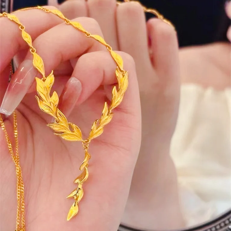 

Роскошное ожерелье из чистого золота 9999 пробы 24 карата с золотыми ветвями и нефритовыми листьями салькин и пшеницы, женское ожерелье-цепочка