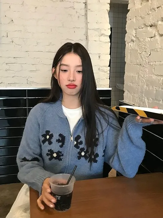 Autumn Winter Flower Embroidery Knitted Sweater Coat Women's Trendy Korean Style Lazy Girl Zipper Loose Fit Casual Top