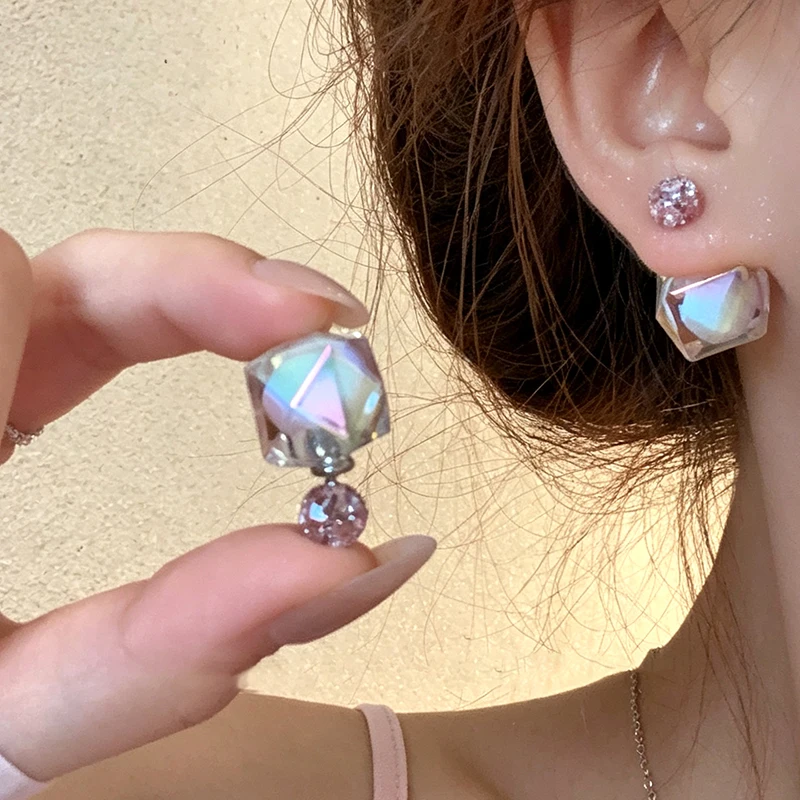 2026 New Design Synthetic Pink Crystal Colorful Water Cube Front-and-Back Earrings For Women Fashion Jewelry Unusual Accessory