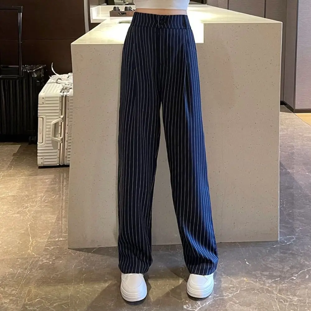 

Loose Stripe Straight Leg Pants Workout Trousers High Waist Wide Leg Pants Drape Feeling Autumn Casual Pants Women Streetwear