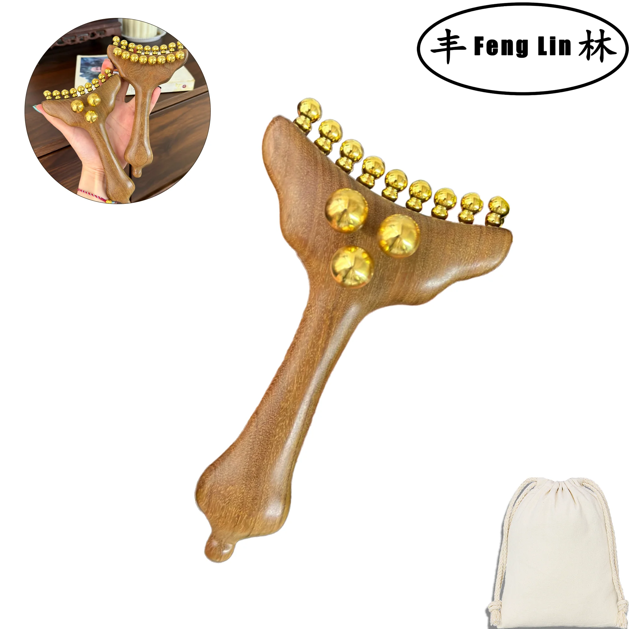 

Breast Massage Tool Copper Wooden for Lymphatic Drainage Neck Face Pain Relief Mermaid Tail with Copper Balls