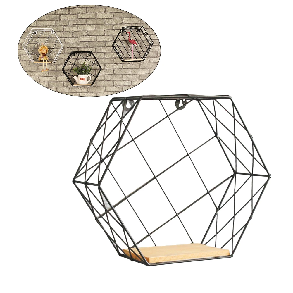 

Wrought Iron Rack Storage Shelf Hexagon Wall Hanging Shelf Living Room Bedroom Decor Hollow Design Strong Capacity