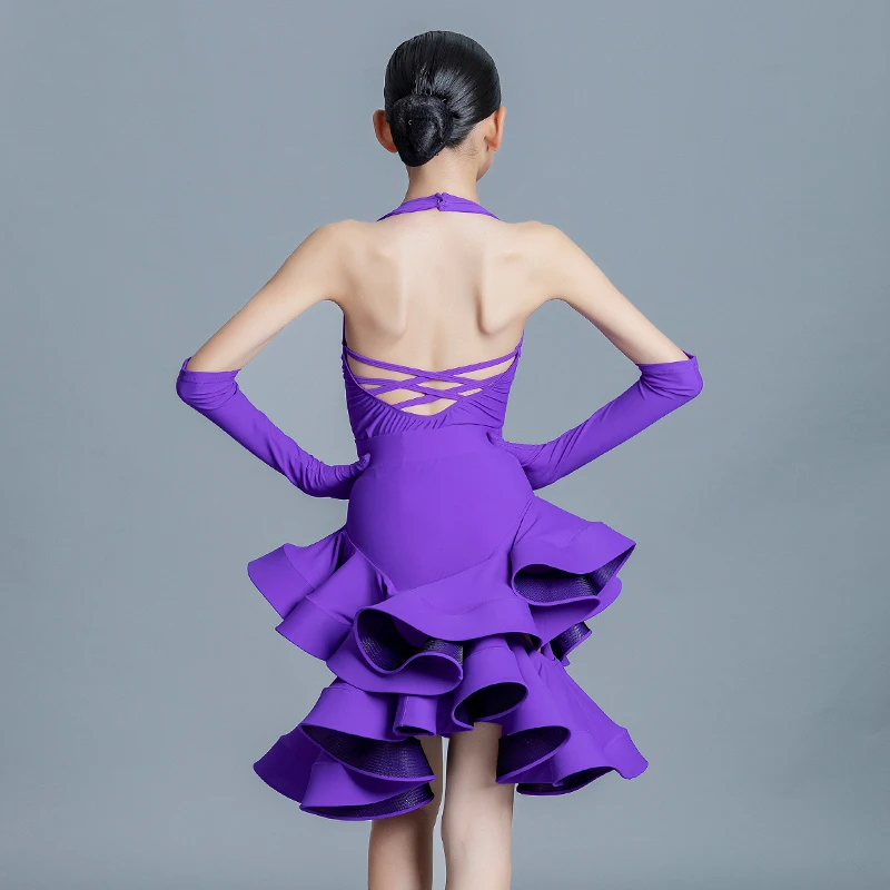 2024 Latin Dance Costume Girls Purple National Standard Latin Dance Professional Dress Child Chacha Ballroom Dance Wear SL7643