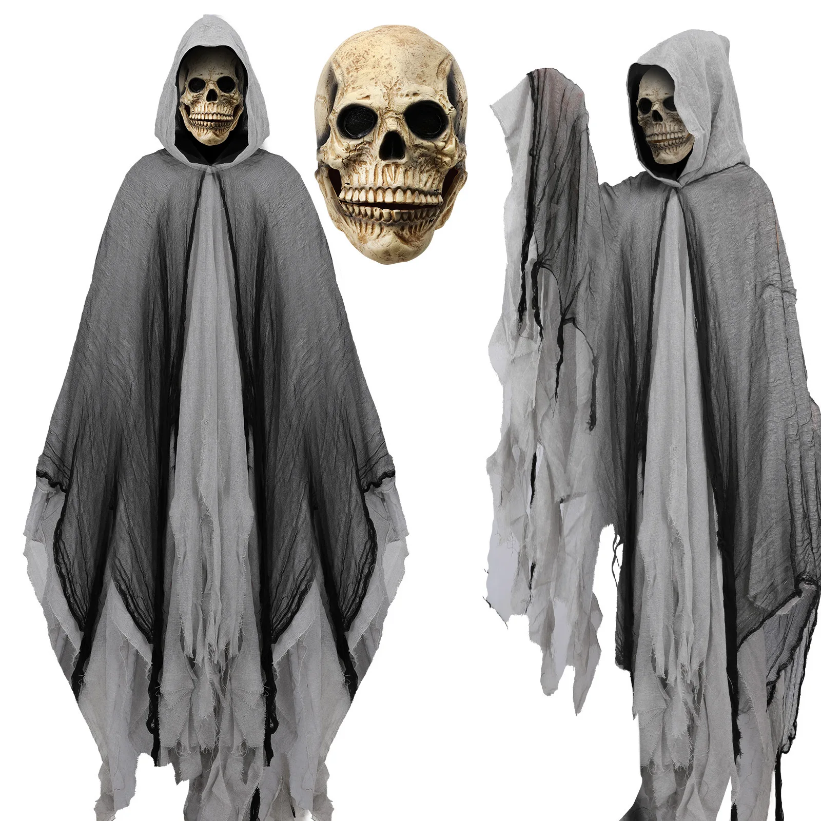 2Pcs Halloween Cape Cape Reaper Hooded Costume Haunted House Costume Dress Up Scary Skull Hood Reaper Robe
