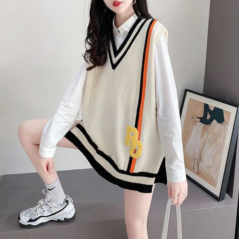 Lady Sweaters V-Neck Black Color Matching Waistcoat Long Pullover Knit Vests for Women on Offer Korean Style Clothing Casual Y2k