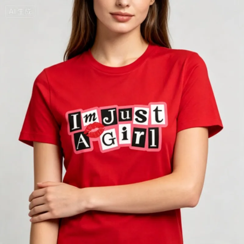 Retro Girl Women Cotton T Shirt I'm Just A Girl Collage Letter Lip Print Trendy Girly Fashion Loose Casual Crew Neck Tops