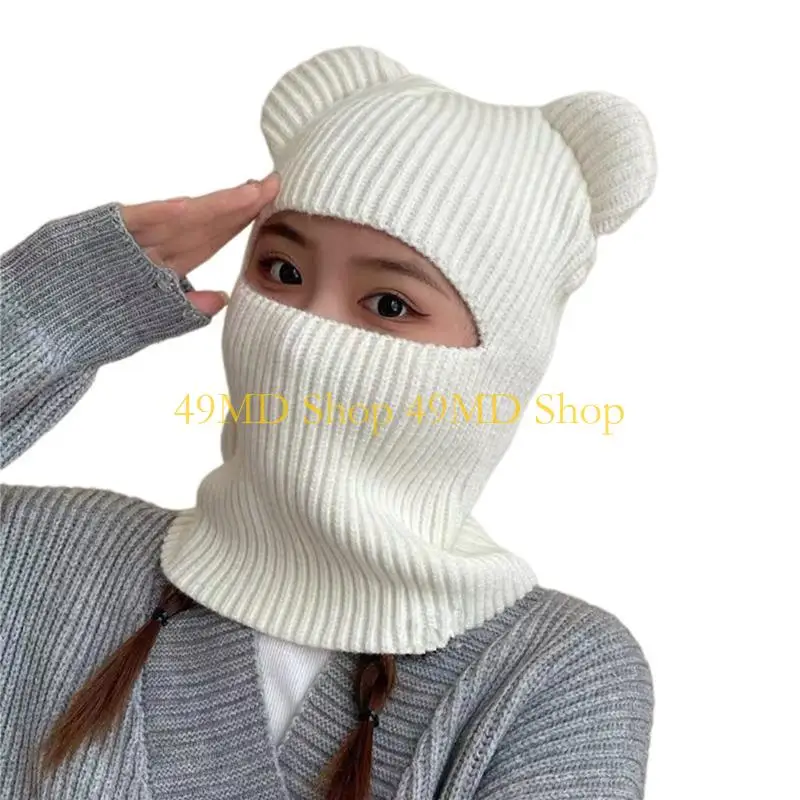 49MD Knitted Hat for Teenagers Adult Windproof Eye Exposed Hat Cartoon Bear Ear Keep Warm Windproof Balaclava Hat