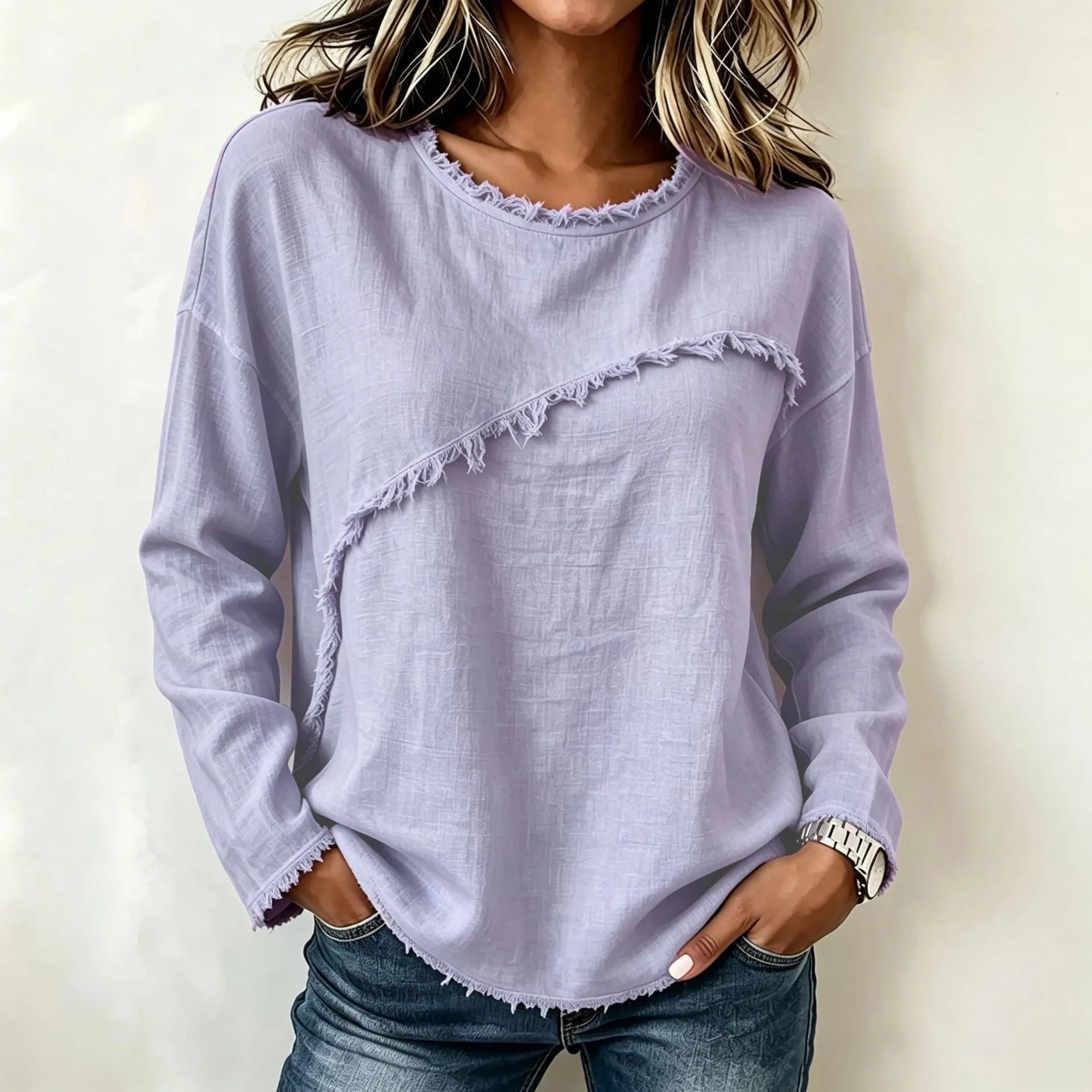 Women's Loose Fit Round Neck Short Sleeve Lace Trim T-shirt with Frayed Edge Detail Polyester Cotton Knit Women's Blouse