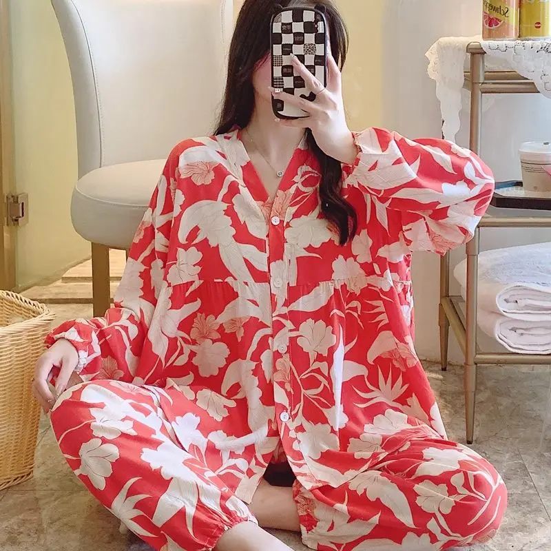 Cotton Silk Pajamas Women Spring Autumn Long Sleeve Summer Thin Silk Home Dress Rayon Cotton Set Cool Feeling Fat M Large Size