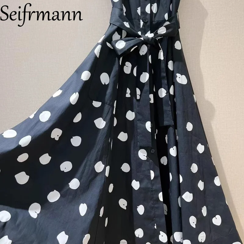 Seifrmann ドットプリントノースリーブファッションドレス女性のターンダウン襟シングルブレストレースアップスリムコットンヴィンテージドレス