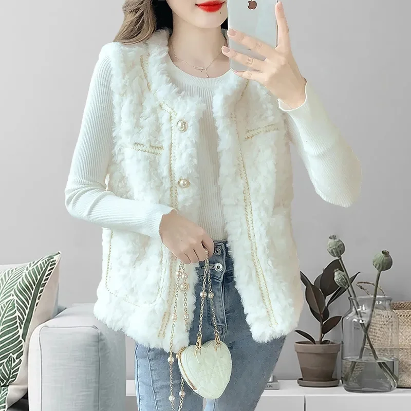 Lambwool Vest Women\'s Sleeveless Jacket Fall Winter New Fur One Piece Vest Coat Female Single-Breasted Solid Cardigan Coat