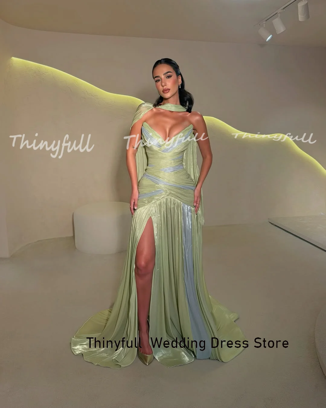 Thinyfull Mermaid Prom Dresses Sleeveless V-neck Split Shiny Satin Evening Dress Vestidos De Fiesta Elegantes Gown Customized