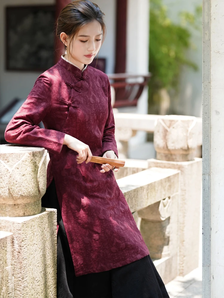 

Осень-зима, новый женский хлопковый льняной топ с вышивкой и воротником-стойкой, косой све, традиционный художественный топ средней длины