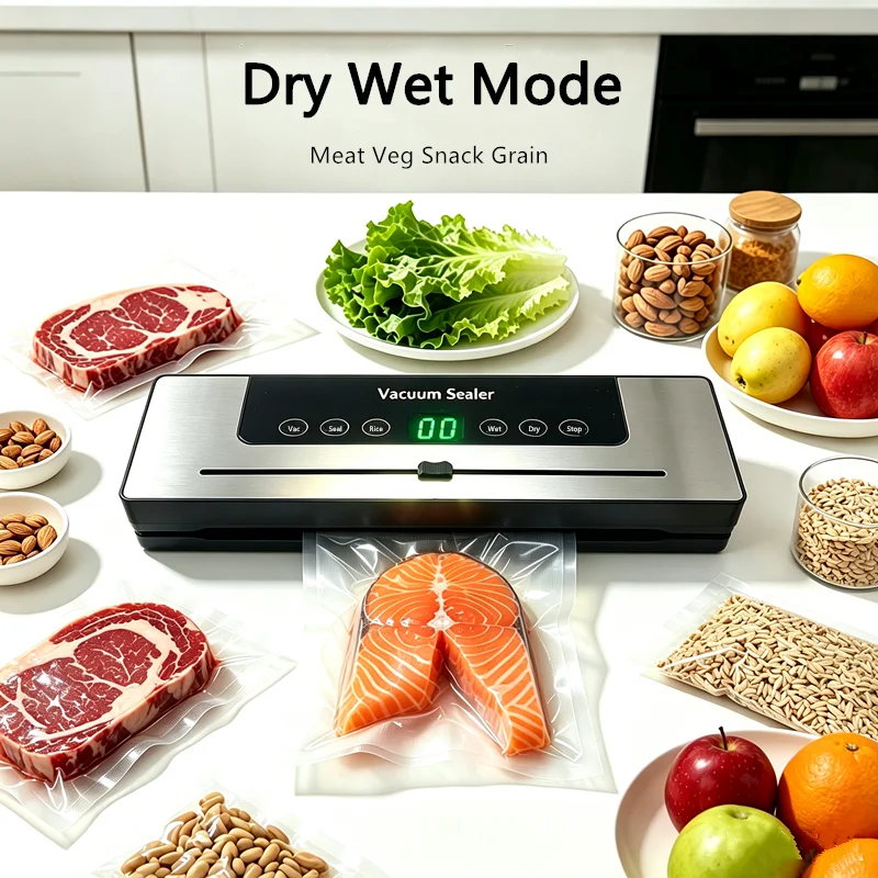 ステンレス製電動真空シーラー。食品の保存、乾燥・湿潤食品の包装、キッチンでの食品の真空パックに最適。