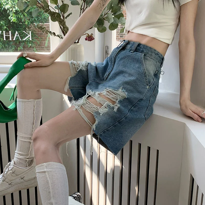 

Mid Length Womens Denim Shorts Knee Bermuda Half Jeans Short Pants for Women To Wear Ripped Low Price Normal Design XL Clothes