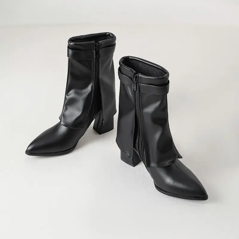 REAVE CAT Black Women Mid Calf Boots Pointed Toe 8.5cm Chunky Heels Zipper Sexy Dating Botas Big Size 47 48 49 50 Handmade Shoes view 5