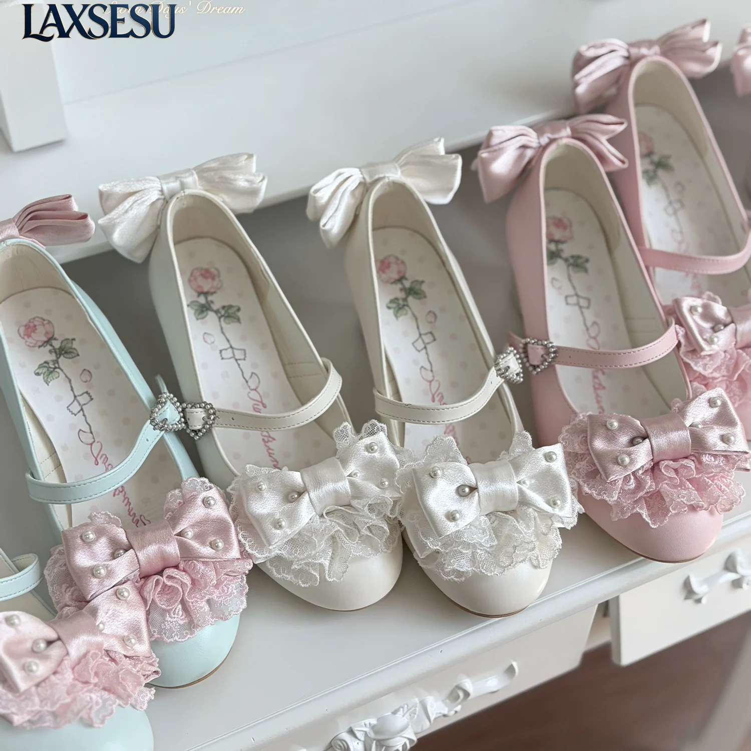 Japanese New Original Lolita Sweet Girl Cute Series Leilei Series Women's Shoes Floral Bow Lace Slope Heel Vintage Lolita Shoes