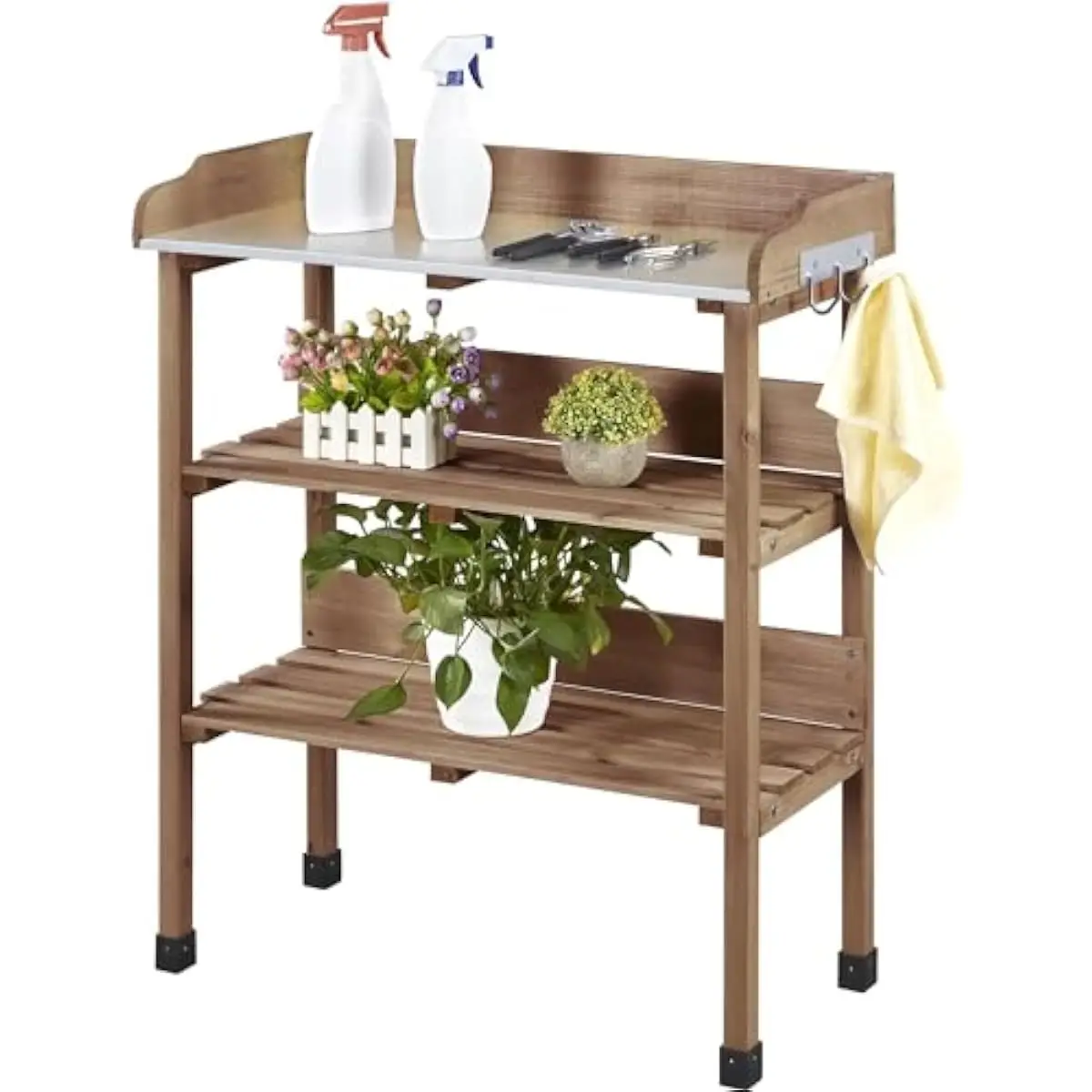 Outdoor Potting Bench with 3-Tier Metal-Top Storage Shelf for Gardening Tools Soil and Pots Brown Fir Wood Construction Lightwei