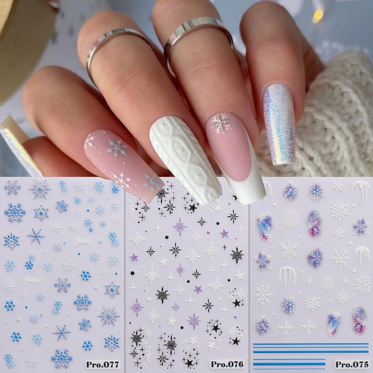 3 Stück Winter-Weihnachtsschneeflocken-Nagelkunstaufkleber mit Prägung, einfach für Nageldekoration, Heimwerken, Geschenke, Party-Make-up-Styling,