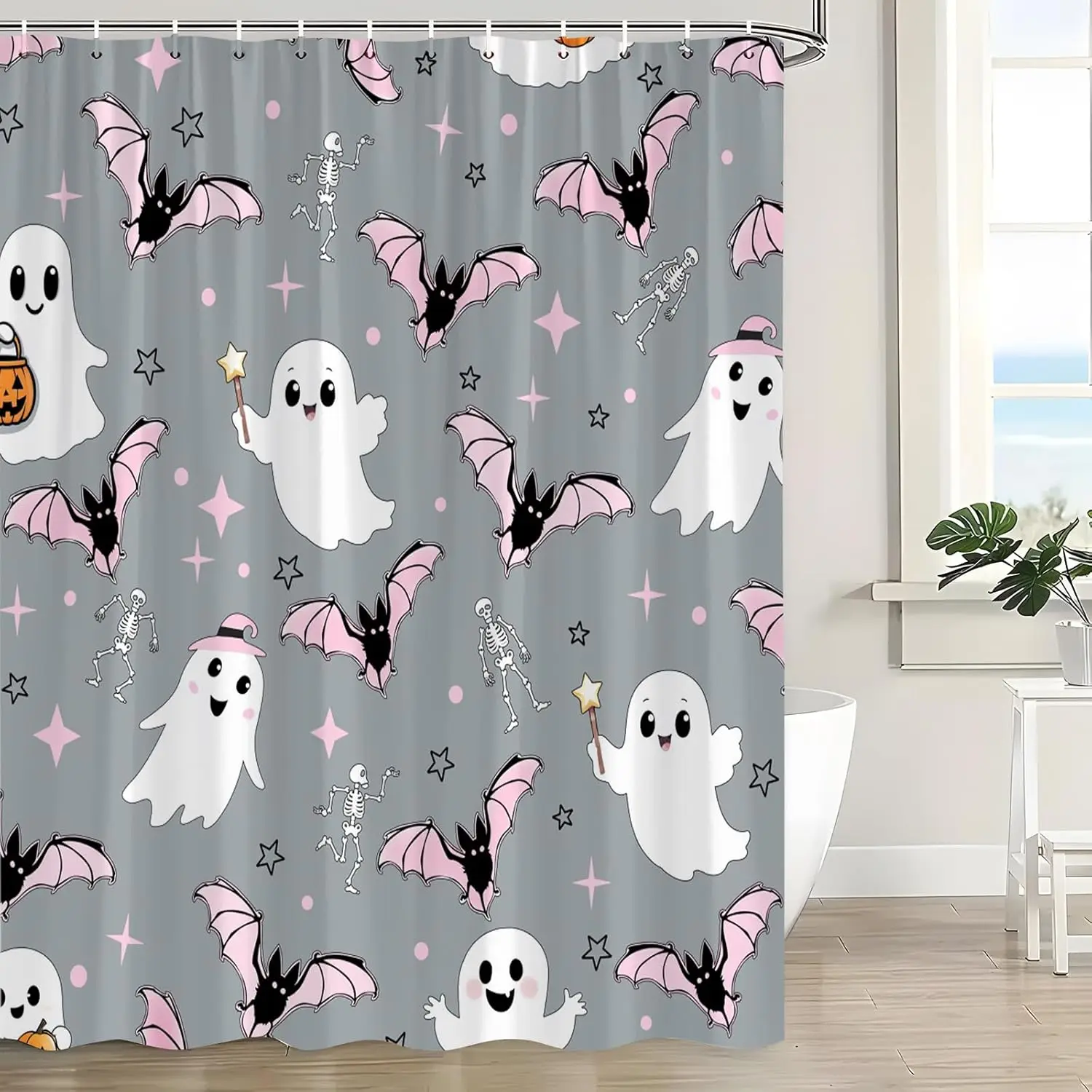 

Хэллоуин Жуткий Занавеска Для Душа Розовый Серый Мультфильм Милые Забавные Призраки Летучая Мышь Череп Звезда Готический Ужас Страшный Счастливый Хэллоуин Праздник