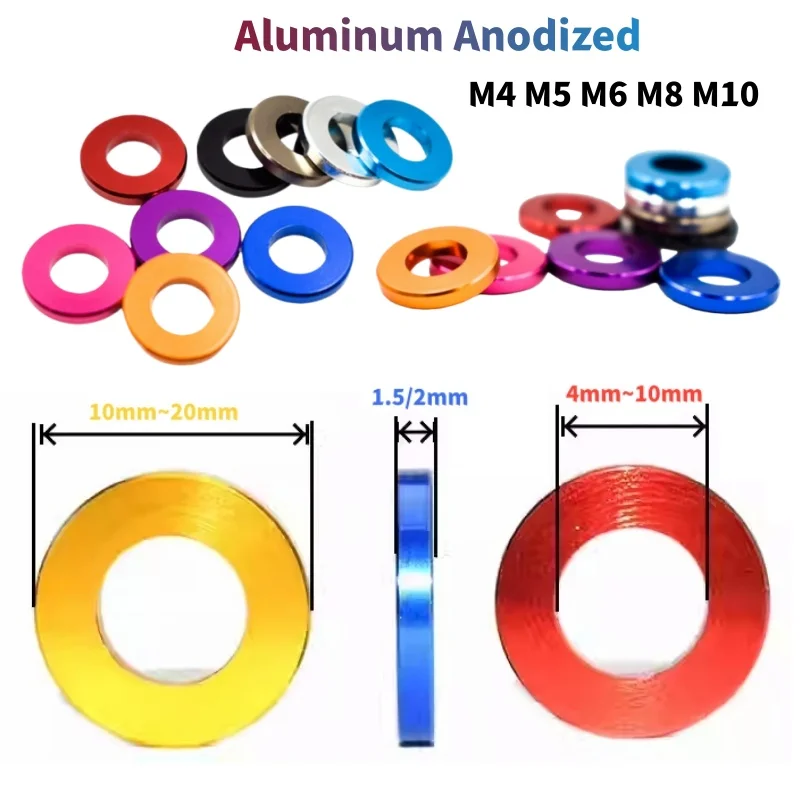 Flat Washer 4mm~10mm Corlorful Aluminum Anodized Gasket M4 M5 M6 M8 M10 Thk1.5/2mm Red/Grey/Blue/Black/Purple for RC Model Parts