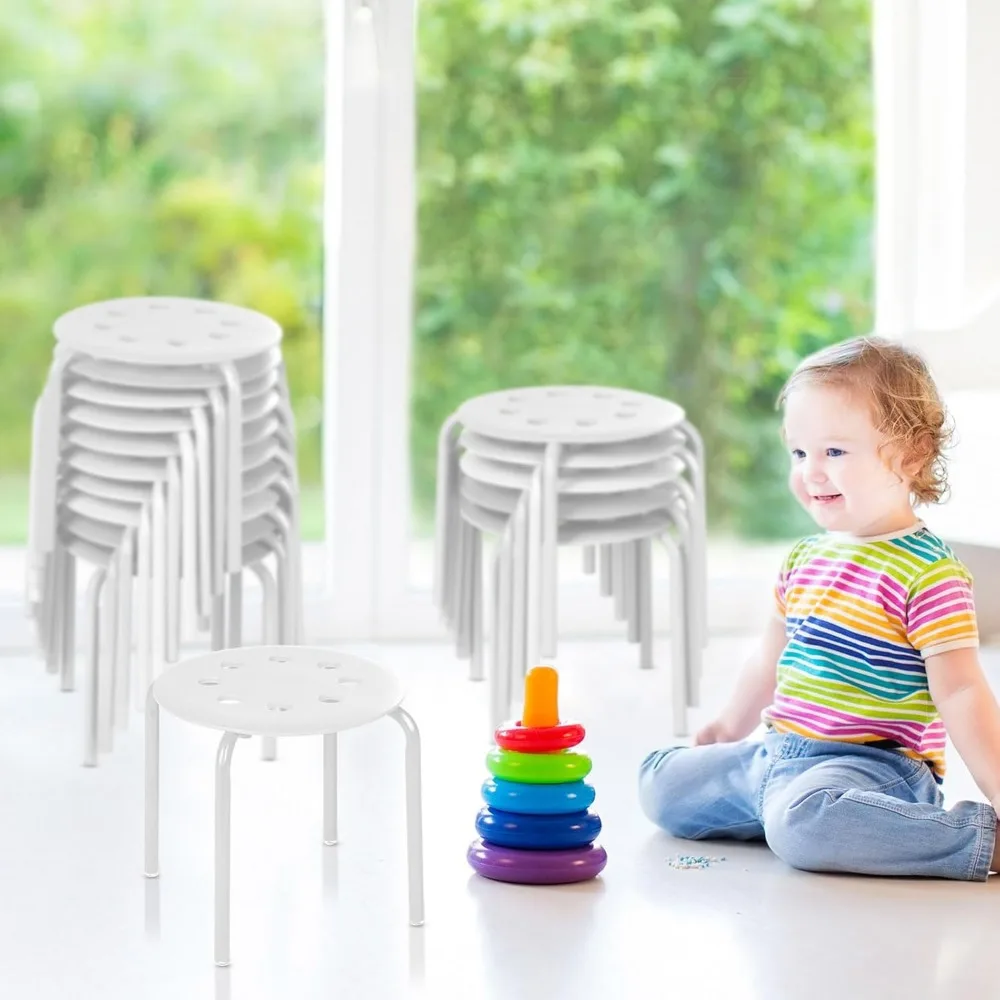 Taburetes apilables para niños, silla redonda de 12 pulgadas, asiento Flexible multifunción de plástico, color blanco, a granel, 10 unidades