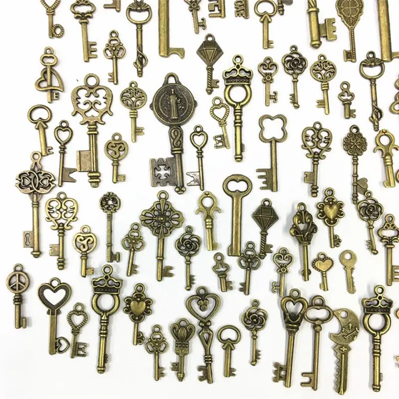 AA81-125 PCS Retro Antique Brass Vintage Bronze Old Looking Decorative Key Lock Mix Metal Key Steampunk Charms Pendant Jewelry